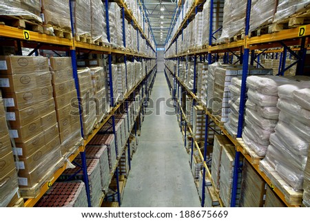 SAINT-PETERSBURG, RUSSIA - NOVEMBER 21, 2008: top view of pallet shelvings with the goods in a big warehouse store, Interior of a large warehouse, with pallet racking.
