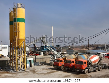 St. Petersburg, Russia - April 27, 2009: A concrete batching plant for ready-mix concrete truck, industrial production concrete, concrete batch plant manufacturer.