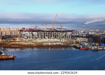 St. Petersburg, Russia - October 30, 2014: Building stadium of  local football team Zenit is called  Zenith Arena, stadium currently under construction. Sports complex located on Krestovsky Island.