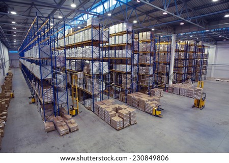 St. Petersburg, Russia - November 21, 2008: Top view of the interior area in a warehouse pallet racking storage of goods.