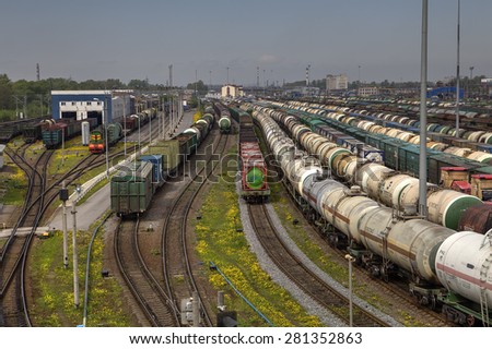 St. Petersburg, Russia - May 22, 2015:  freight trains on a Russian railway station, Railway goods station in the russian city, shunting yard, marshalling yard.