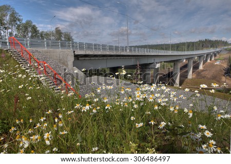Saint Petersburg, Russia - August 7, 2015: Field flowers in a meadow near the unfinished steel bridge on concrete supports, forest roads in the Russian taiga.