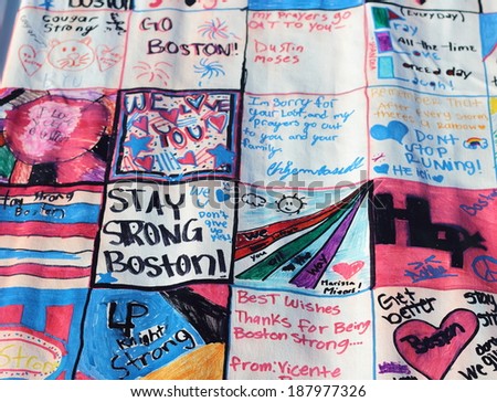 BOSTON CITY - APR 16: Prayer Canvas display messages of hope for Boston at Boston Common, Boston, Massachusetts on April 16, 2014.