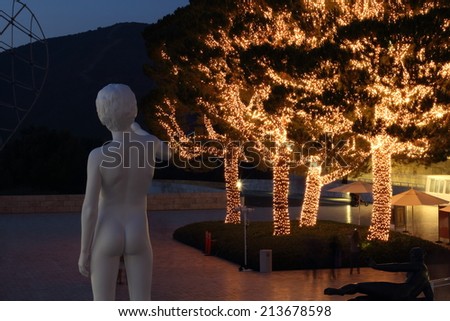 LOS ANGELES, CA - JANUARY 4, 2014: Statue of The Getty Center at night. The Center is a prominent tourist attraction point in Los Angeles, CA