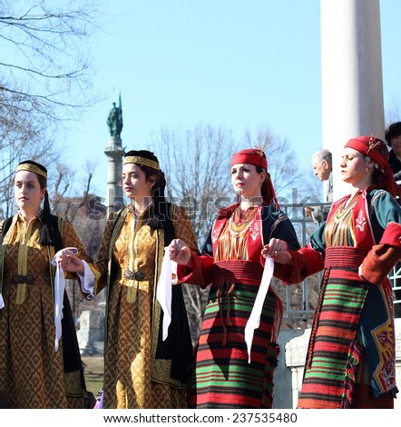 BOSON, MA - APRIL 6, 2014 - Women celebrating in Boston Common for Annual Greek Independence Day, Boston.