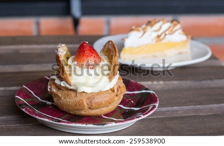 Lemon meringue pie and Cream puff strawberries