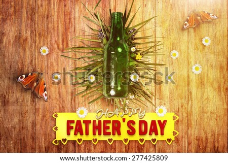 greeting card of beer bottle in front of wooden floor for father\'s day