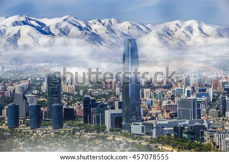 Aerial view on skyscrapers of Financial District of Santiago, capital of Chile under early morning fog