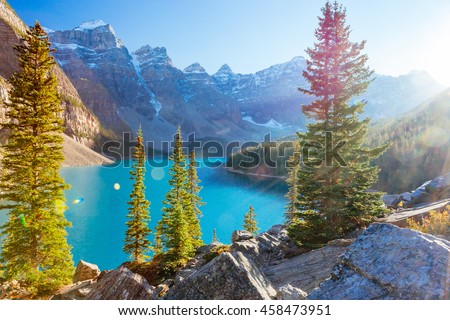 Moraine Lake is a glacially-fed lake in Banff National Park 14 km outside of Lake Louise, Alberta, Canada. It is situated in the Valley of the Ten Peaks, at an elevation of approximately 1885 m.
