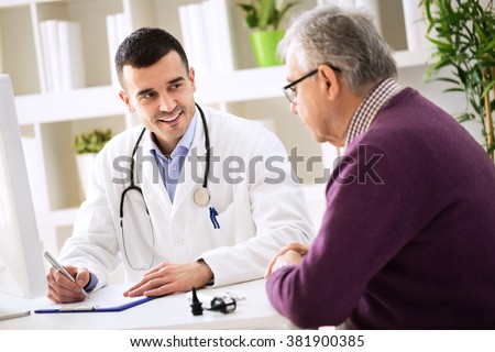 Doctor explaining prescription to senior patient, healthcare concept