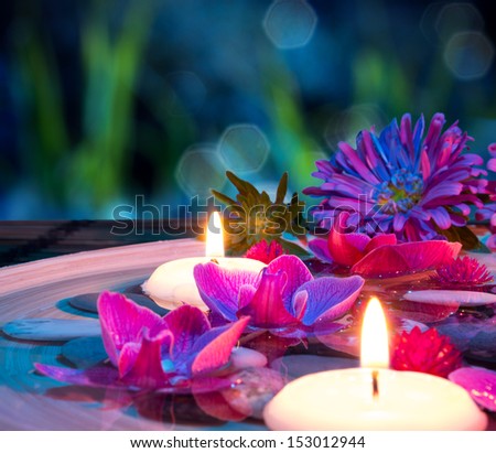 Dish Spa With 2 Floating Candles, Orchid On Mat