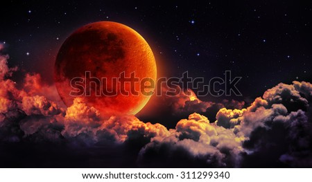 moon eclipse - planet red blood with clouds - moon map element  furnished by NASA