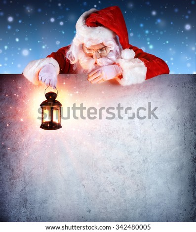Santa Claus On Vintage Billboard With Lantern