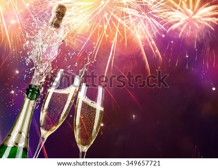 Champagne And Bottle With Fireworks