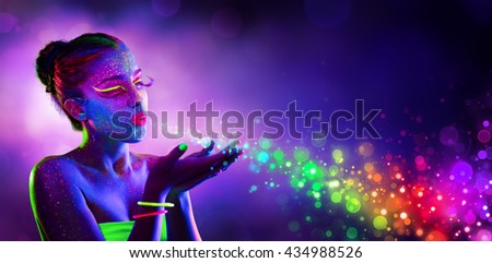Neon Model Blowing Spectrum Lights - Disco Paint Makeup