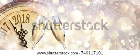 New Year 2018 - Toast With Champagne And Clock