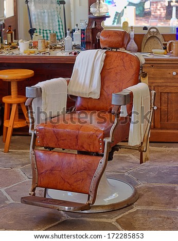LARGO FLORIDA-JANUARY 18TH 2014- Photo of a vintage barber chair inside an old store. The chair and store are located in a public park that is called Heritage Village.