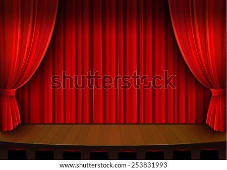 Vector drawing, theater stage with red curtain