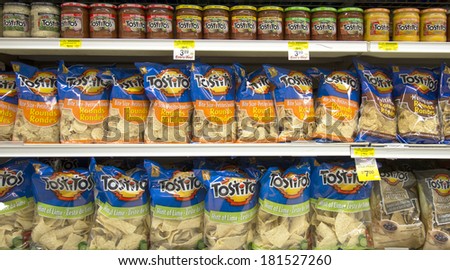 EDMONTON, AB, CANADA-March 12, 2014: Tostitos chips and salsa is on display in a grocery store on March 12th, 2014.