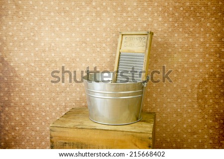 old fashioned laundry equipment, washboard and tub