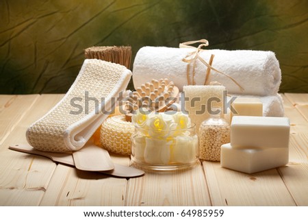 Massage tools, soap, bath salt and towels