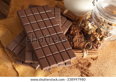 Chocolate bars, nuts, cinnamon, cocoa and milk