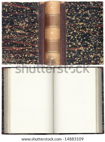 Opened old book, front and back side, isolated on white