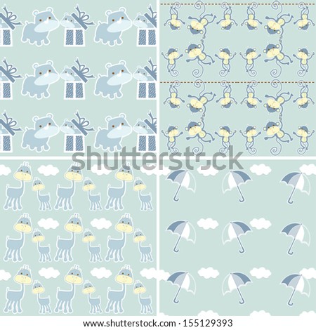 Baby pattern set with cute baby animals, clouds and umbrellas