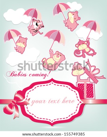 Baby shower card with cute animals with umbrellas