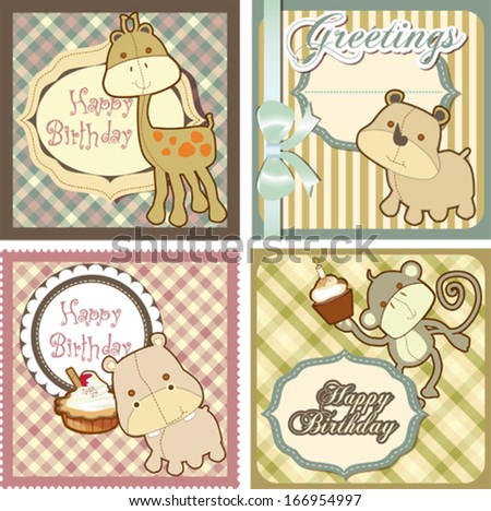 Birthday card set with cute baby animals in retro style