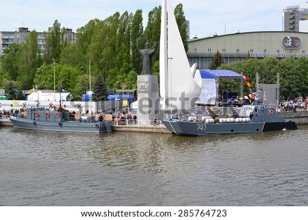 KALININGRAD, RUSSIA - MAY 16, 2015: Military boats are moored at Marshall Bagramyan Embankment