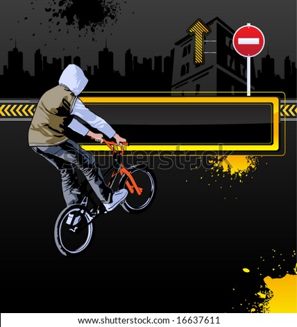 Urban vector background with bicycle and a man