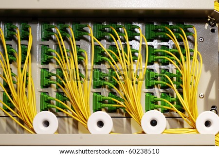 The panel of cables and sockets of local area network