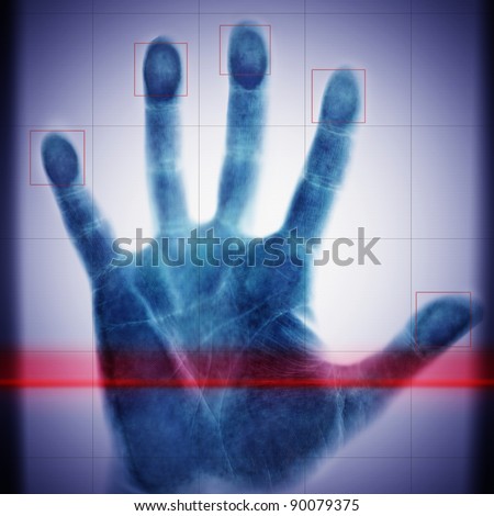 biometric scanner hand of the man in the blue toning