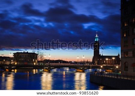 A night view of Stockholm city on bridge and town hall Stockholms stadshus, Sweden