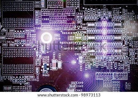 Frontal close-up of the circuit board with light effects