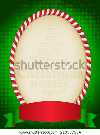 Elegant christmas background / frame with candy cane border on green halftone dotted background and ribbon. and golden empty space on center