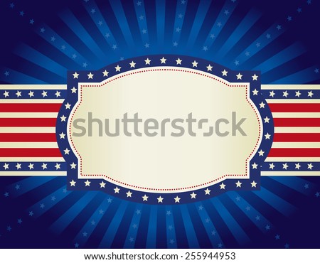 4th of july retro frame with stars and stripes on glowing starburst background
