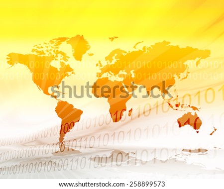 Hot yellow and orange world map illustration in zero and one binary background