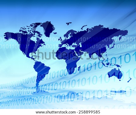 Cool blue world map illustration in zero and one binary background