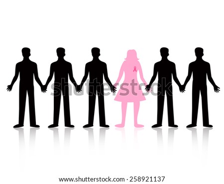 People in line / queue with a pink women wearing breast cancer awareness ribbon silhouette. people holding hands