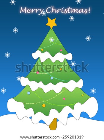 Merry christmas greeting card with decorative christmas tree on falling snow background