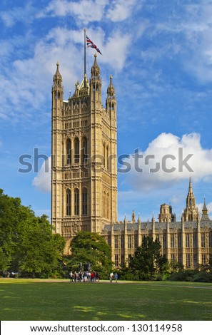 View of Westminster Palace in London from Victoria garden