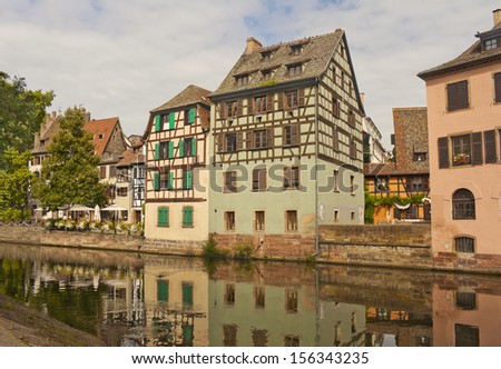Half-timbered houses on the river bank in Strasbourg, France