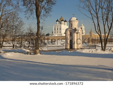 Winter view of Trinity Cathedral and Olga\'s chapel in Pskov, Russia