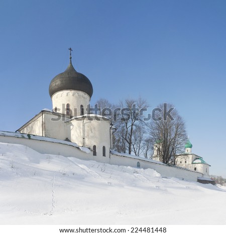 Ancient Transfiguration Cathedral Mirozhsky Monastery in winter in Pskov, Russia