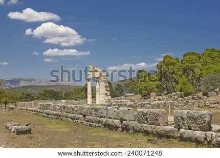 Landscape with ruins of classic ancient temple in Epidavros, Greece
