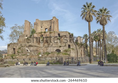 ROME, ITALY - APRIL 2, 2014: Antic ruins in the park on Piazza Vittorio Emanuele