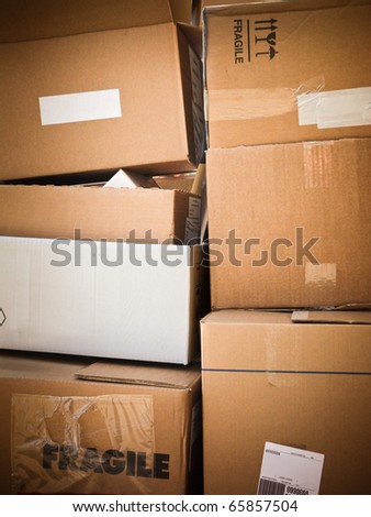 front view of cardboard boxes heap