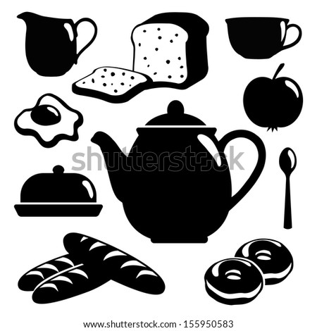 Breakfast icons set, black isolated vector silhouettes of food, drink and pottery